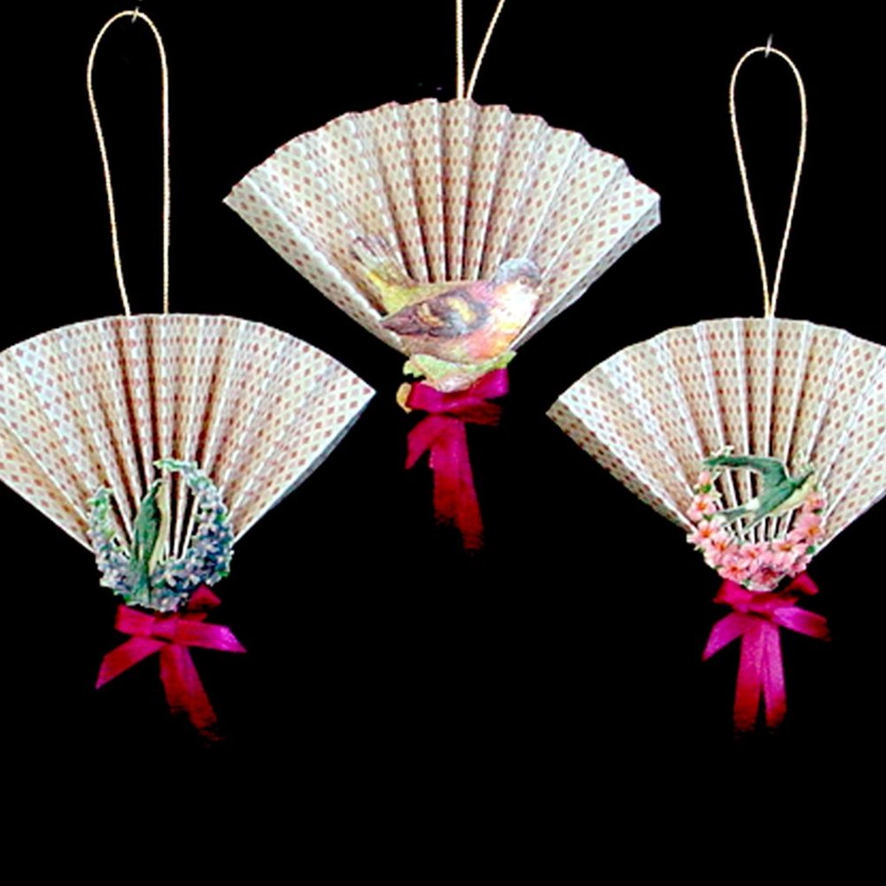 3 FAN ORNAMENTS WITH ANTIQUE VICTORIAN BIRD SCRAP IMAGES PINK BURGUNDY 5" WIDE